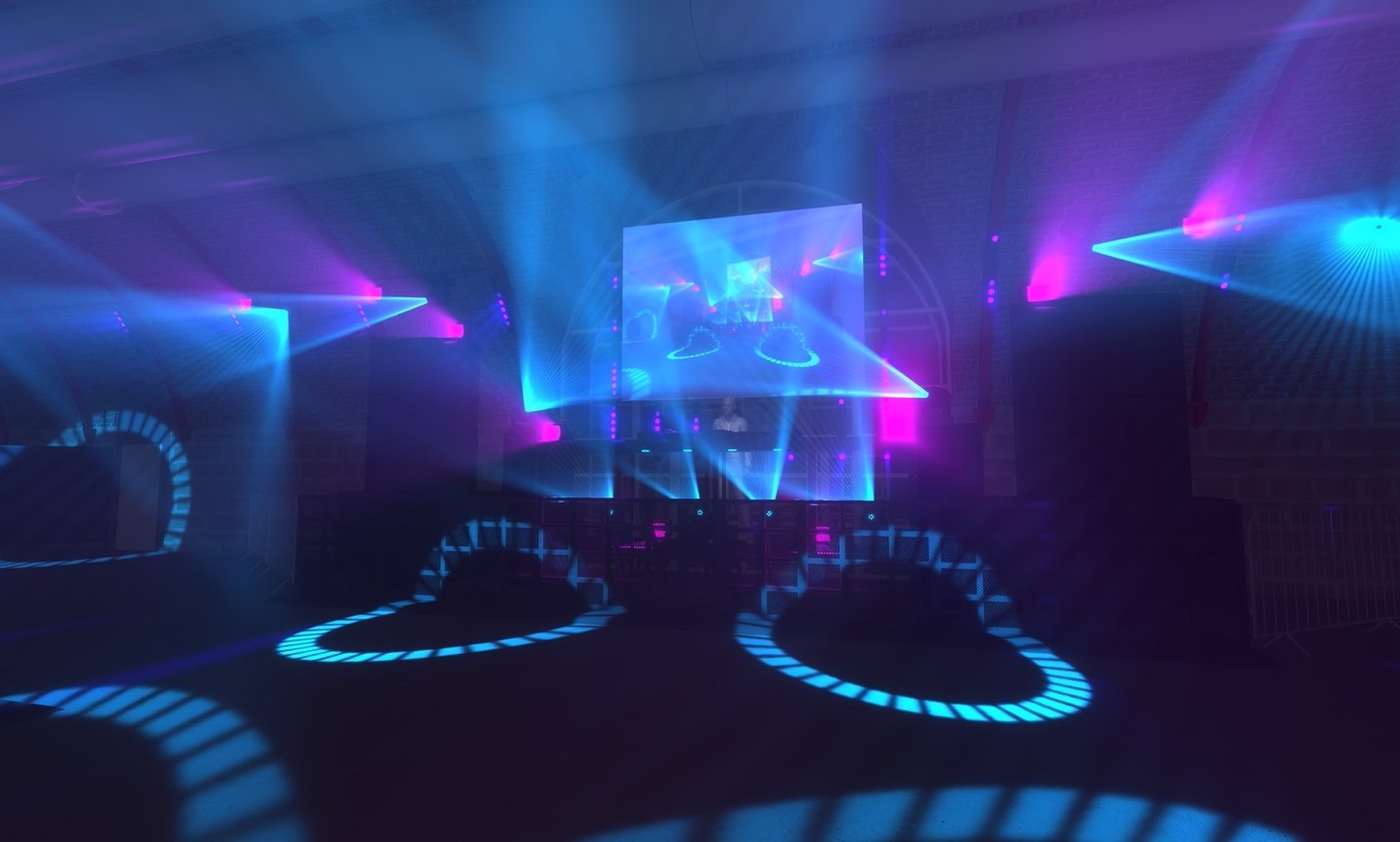 The main stage of the virtual club is lit up in neon blues and purples.